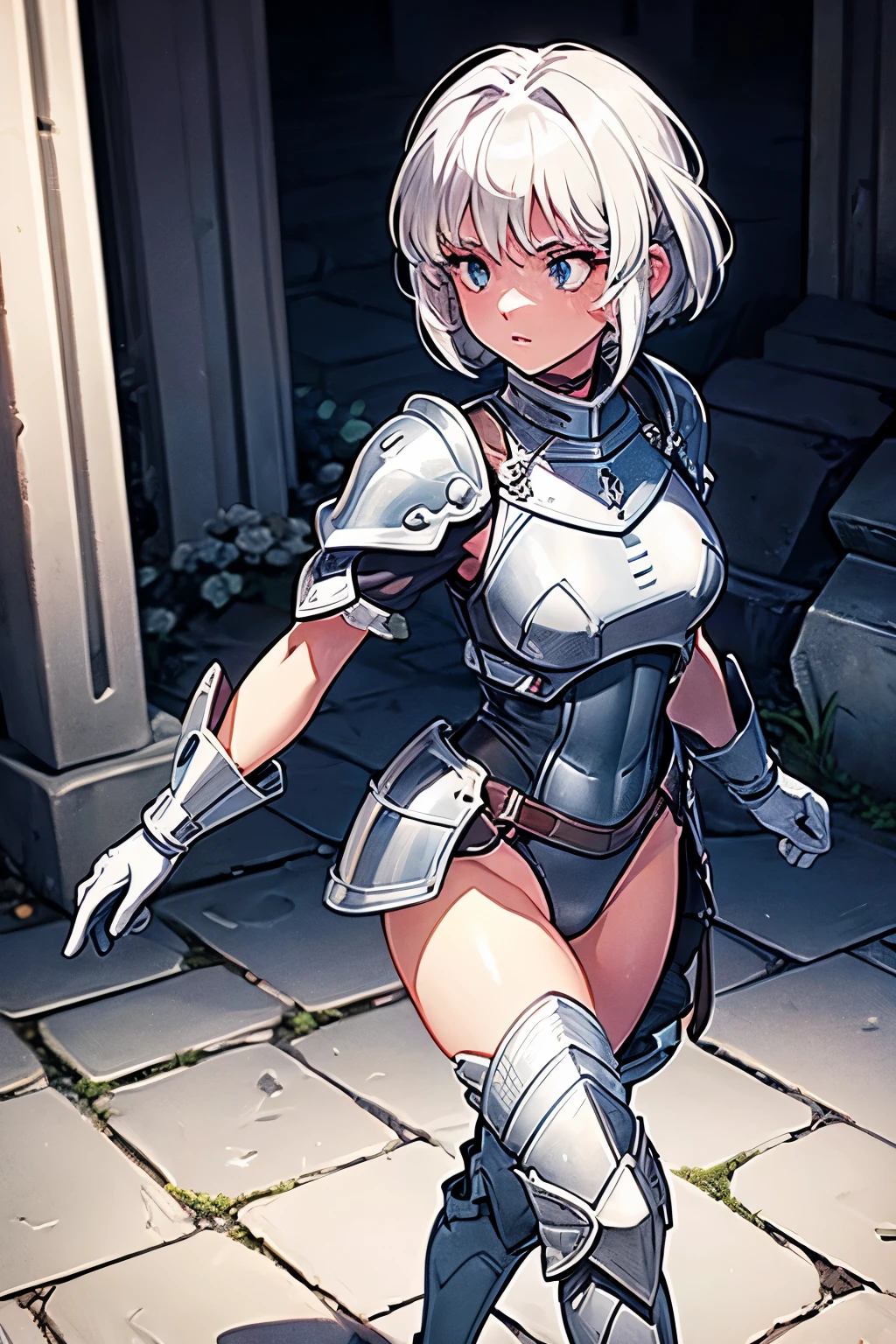 (((masterpiece))), (((best quality))), ((ultra-detailed)), (cinematic lighting), (illustration), (beautiful detailed eyes), (1girl), full body, knight, armour, light hair, best quality, expressive eyes, perfect face, Girl: (20s, white hair, short hair, white jumpsuit, grey and blue armour, black gloves, knee boots), dungeon, brick floor, stone floor, underground, moss, walking, armored leotard, retro anime,