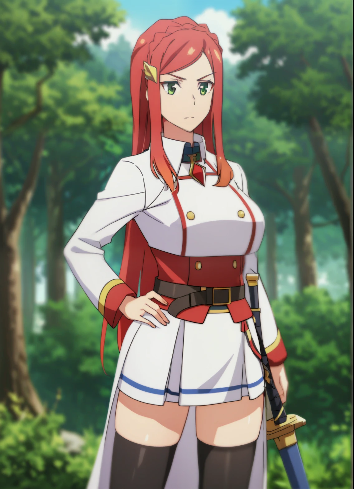<lora:Elenoa003:0.7>,<lora:add_detail:0.5>,<lora:noline:0.3>,<lora:boldline:-0.3>,looking at viewer,smile,
Elenoa,1girl,red hair,longhair,circlet,solo,
collared shirt,puffy_sleeves,long_sleeves,red necktie,(blue vest:1.2),
white pants,
full body,fantasy,
nature,mountain,