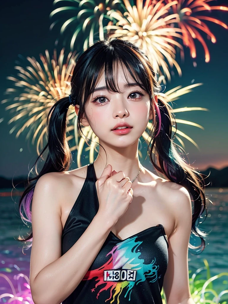 40-year-old Japanese woman、Black Hair、Hair is very short、Twin tails、Hatsune Miku Costume、Headphones、Flat Chest、Realistic photos、Realistic、8K quality、expensive、No bangs、High resolution, Highest quality, Anatomically correct, Winner of numerous awards, looking at the audience, large watery eyes, (rainbow colored hair：1.6), color splash, （solo：1.8）, color splash, color explosion, thick paint style, messy lines, ((shining))，(colorful), (colorful), (colorful), colorful, Thick Paint Style, (Splash) (Color Splash), Vertical Painting, Upper Body, Paint Splash, Acrylic Pigment, Gradient, Paint, Highest Image Quality, Highest Quality, Masterpiece, solo, Depth of Field (elegant: 1.3), (fire work: 1.4)，(((masterpiece))),(((best quality))),((ultra-detailed)),(illustration),(dynamic angle),((floating)),(paint),((disheveled hair)),(solo),(1girl) , (((detailed anima face))),((beautiful detailed face)),collar,bare shoulders,white hair, ((colorful hair)),((streaked hair)),beautiful detailed eyes,(Gradient color eyes),(((colorful eyes))),(((colorful background))),(((high saturation))),(((surrounded by colorful)