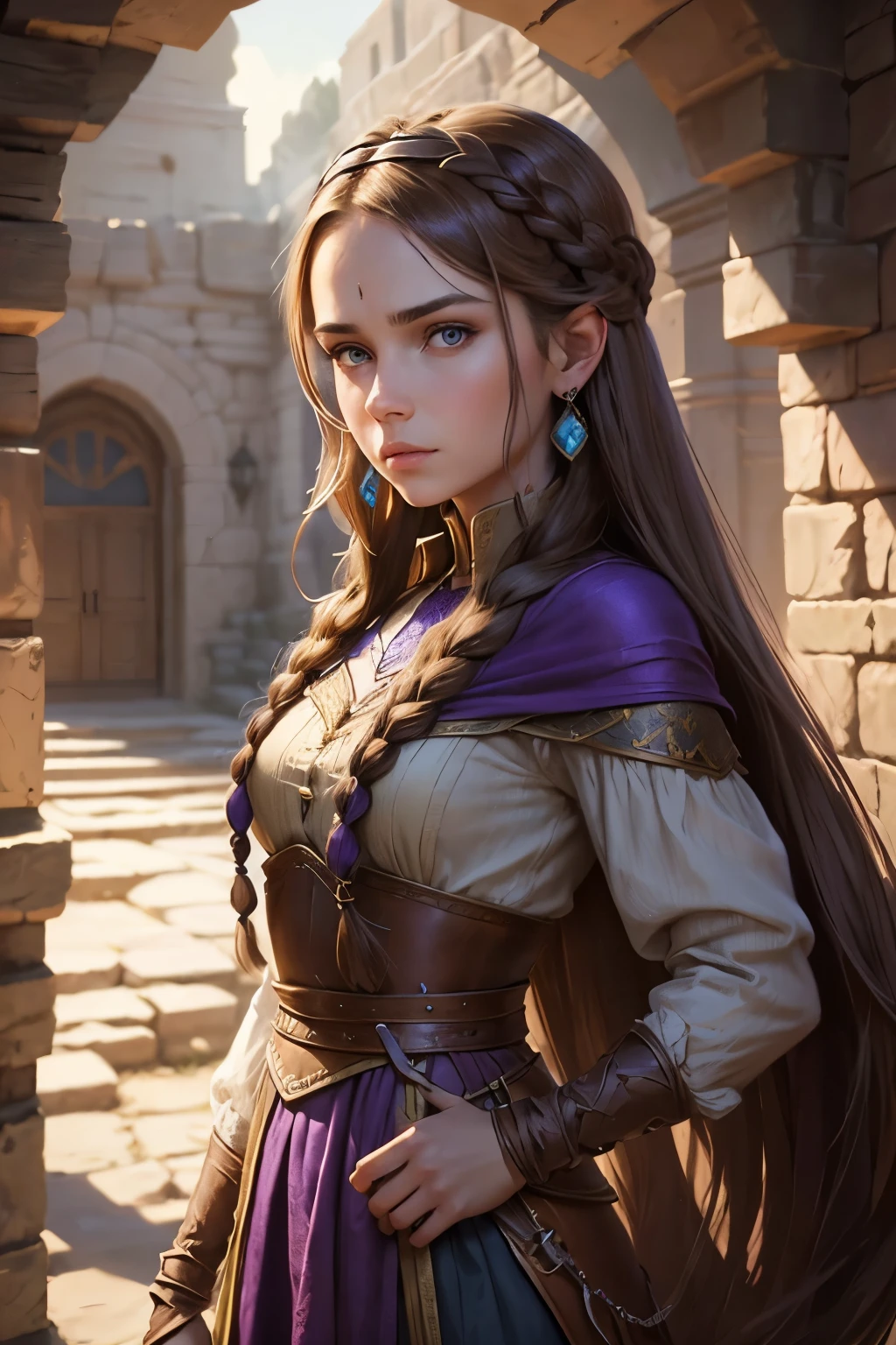 dungeons & dragons baldur's gate portrait painting. woman with striking, aristocratic features. has long, light brown hair flowing down her shoulders , tied back an adorned with multiple small braids with jewelry woven in the ends. leather headband around her forehead. She wears elegant and practical adventuring clothes, often in shades of blue and purple She has delicate, refined features with expressive eyes. Her expression often conveys a mixture of resolve and empathy.