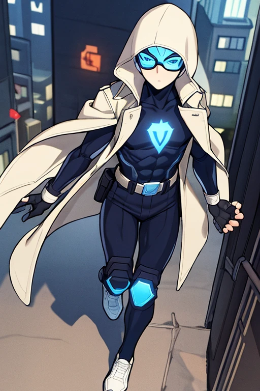 ((best quality)), ((masterpiece)), (detailed), 1 boy in a trench coat standing on a building, full body, 19 years old, masked, white mask covering his entire head and hair, mask, black protective glasses, blue eyes, black face mask, no hair, tall and slender, thin, long beige trench coat, open trench coat showing his emblem, black fingerless gloves, white wristbands, white superhero armor, white chest with emblem, luminous blue "I" letter emblem on chest, blue I-shaped emblem, letter I, black pants, white knee pads, metallic white shoes, superhero belt, nanotechnology in the air, city background, anime