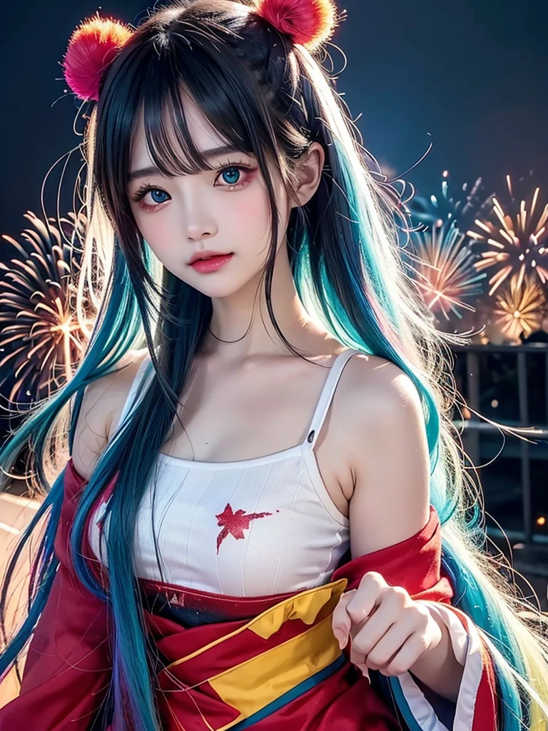 40-year-old Japanese woman、Black Hair、Hair is very short、Twin tails、Hatsune Miku Costume、Headphones、Flat Chest、Realistic photos、Realistic、8K quality、expensive、No bangs、High resolution, Highest quality, Anatomically correct, Winner of numerous awards, looking at the audience, large watery eyes, (rainbow colored hair：1.6), color splash, （solo：1.8）, color splash, color explosion, thick paint style, messy lines, ((shining))，(colorful), (colorful), (colorful), colorful, Thick Paint Style, (Splash) (Color Splash), Vertical Painting, Upper Body, Paint Splash, Acrylic Pigment, Gradient, Paint, Highest Image Quality, Highest Quality, Masterpiece, solo, Depth of Field (elegant: 1.3), (fire work: 1.4)，(((masterpiece))),(((best quality))),((ultra-detailed)),(illustration),(dynamic angle),((floating)),(paint),((disheveled hair)),(solo),(1girl) , (((detailed anima face))),((beautiful detailed face)),collar,bare shoulders,white hair, ((colorful hair)),((streaked hair)),beautiful detailed eyes,(Gradient color eyes),(((colorful eyes))),(((colorful background))),(((high saturation))),(((surrounded by colorful)