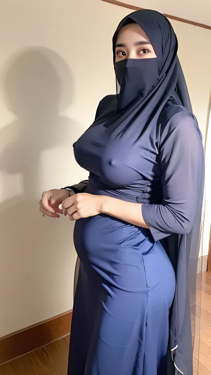 a beautiful young woman hijab, (((super big breast))), (very big breast covered), (Big breast), bare breast, perfect face, (((very huge big breast,))), ((( Big Breast))) long dress muslim, (((covering mouth, long veil))), Slim Face、20 years old, stil young, Pretty Lady, smile eyes, stand up, (big breast covered) , big ass, see full body, back view, bum showing, buttock emphasis batthroom, fat belly
