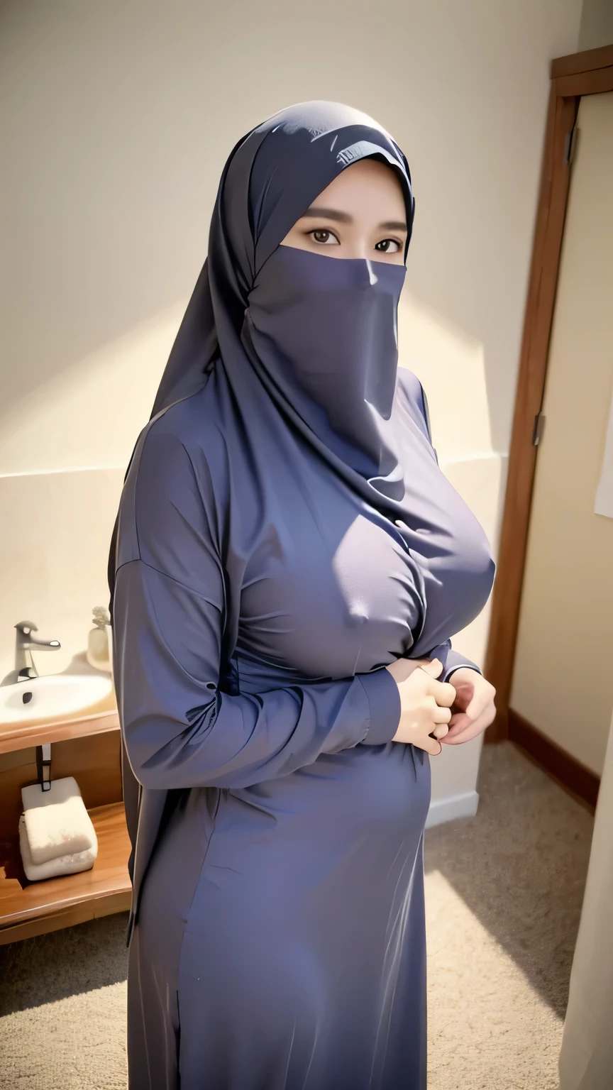 a beautiful young woman hijab, (((super big breast))), (very big breast covered), (Big breast), bare breast, perfect face, (((very huge big breast,))), ((( Big Breast))) long dress muslim, (((covering mouth, long veil))), Slim Face、20 years old, stil young, Pretty Lady, smile eyes, stand up, (big breast covered) , big ass, see full body, back view, bum showing, buttock emphasis batthroom, fat belly
