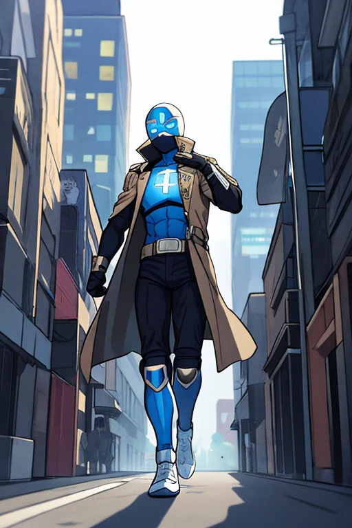 ((best quality)), ((masterpiece)), (detailed), 1 boy in a trench coat standing on a building, full body, 19 years old, masked, white mask covering his entire head and hair, mask, black protective glasses, blue eyes, black face mask, no hair, tall and slender, thin, long beige trench coat, open trench coat showing his emblem, black fingerless gloves, white wristbands, white superhero armor, white chest with emblem, luminous blue "I" letter emblem on chest, blue I-shaped emblem, letter I, black pants, white knee pads, metallic white shoes, superhero belt, nanotechnology in the air, city background, anime