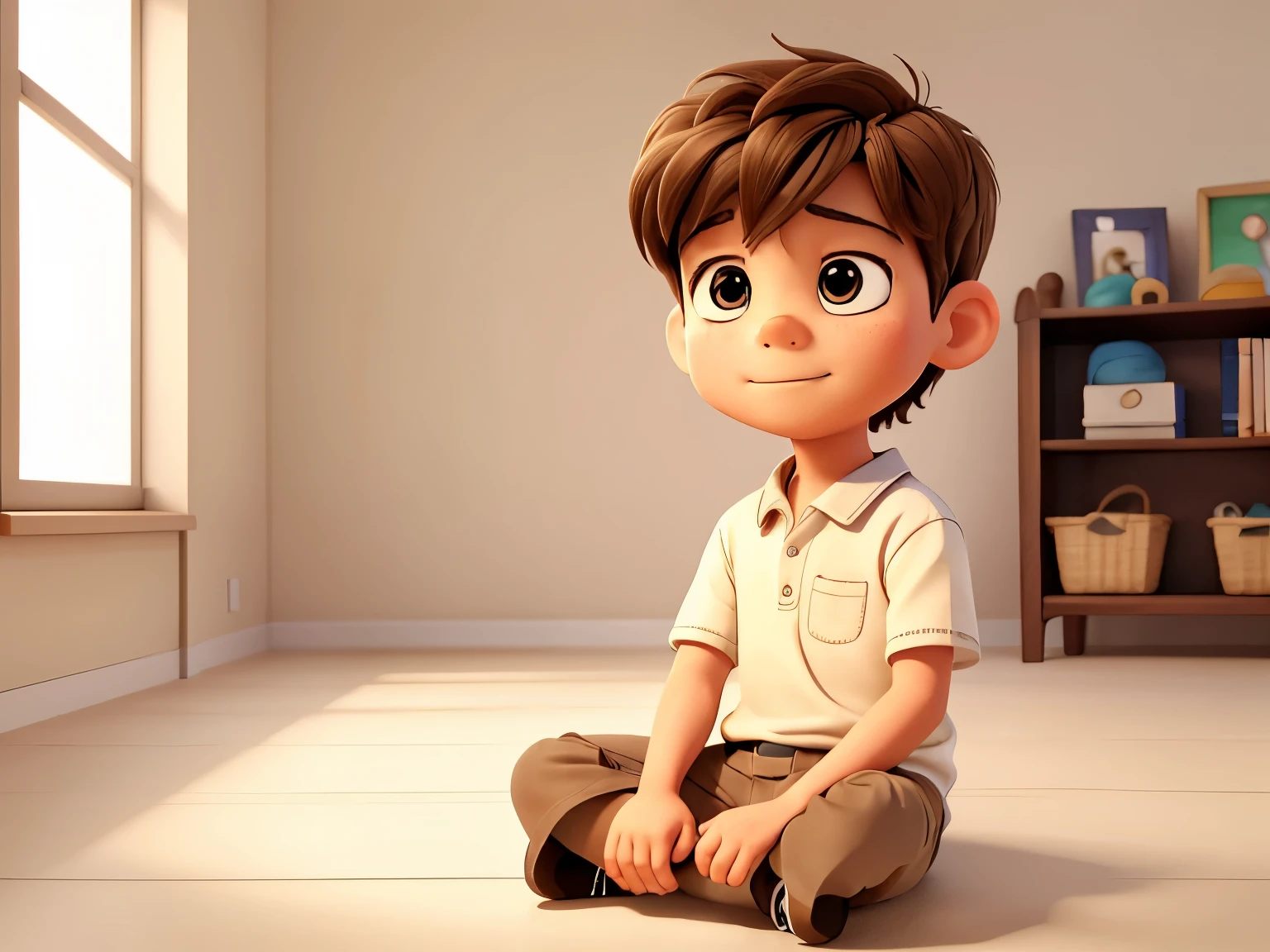 Draw a picture of a seven-year-old boy sitting on the floor playing with a . The background should be minimalist with clean walls in beige tones. Emphasizing inclusion.