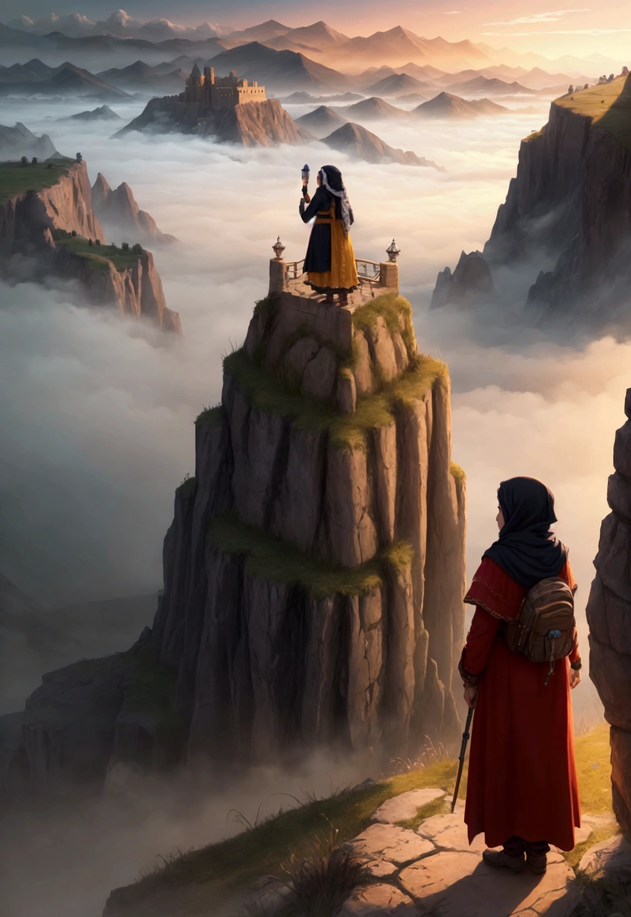 A Kurd woman wearing Kurdish clothes is standing on a castle. She is holding a lit-up torch high. Beside her is her , a little boy of age 5 that is standing. The are looking at the landscape far away. It is a foggy night and mountains far away filled with mist. Nothing other than mountains and plains are in the background. The picture style is a digital painting art that shows a dramatic scene fit for a book cover.