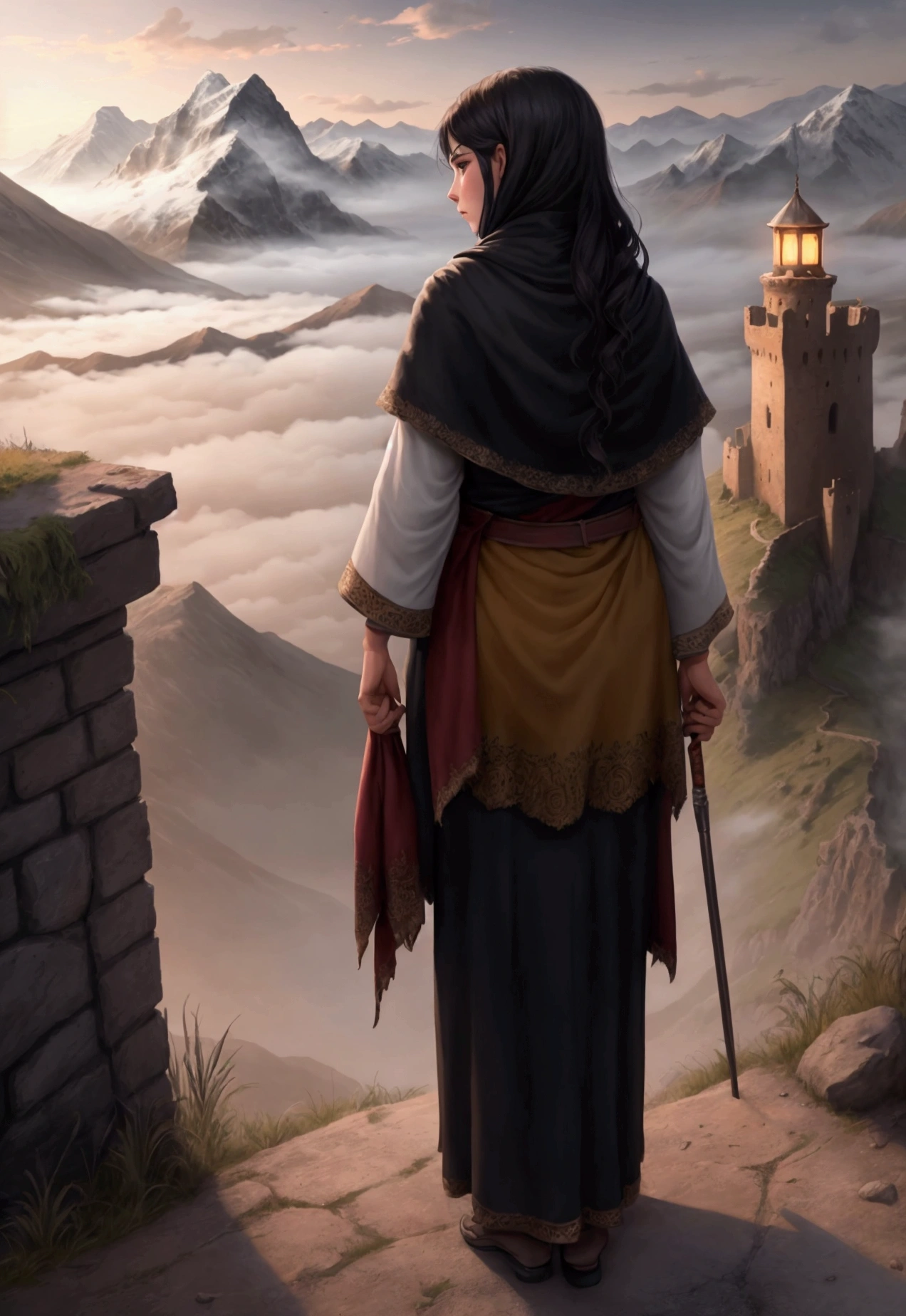 A Kurd woman wearing Kurdish clothes is standing on a castle. She is holding a lit-up torch high. Beside her is her , a little boy of age 5 that is standing. The are looking at the landscape far away. It is a foggy night and mountains far away filled with mist. Nothing other than mountains and plains are in the background. The picture style is a digital painting art that shows a dramatic scene fit for a book cover.