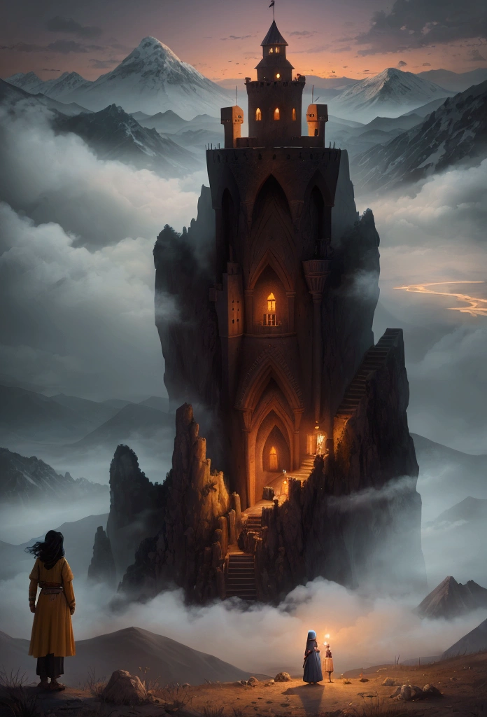A Kurd woman wearing Kurdish clothes is standing on a castle. She is holding a lit-up torch high. Beside her is her , a little boy of age 5 that is standing. The are looking at the landscape far away. It is a foggy night and mountains far away filled with mist. Nothing other than mountains and plains are in the background. The picture style is a digital painting art that shows a dramatic scene fit for a book cover.