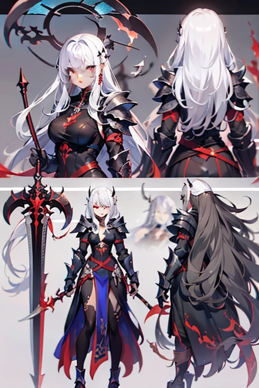 ((Best Quality)), ((Masterpiece)), ((Realistic)) female character with long white hair and piercing red eyes. She wears a demonic armor in purple, black, and white, and wields a large, stylized scythe. The character has a menacing expression, with a chaotic environment as the background. (((detailed character sheet, full body front view, side view, three-quarter view, close-up views of armor details, weapon, and facial features))). ((slender)), (busty), (extremely detailed:1.5), (long white hair:1.2), (piercing red eyes:1.2), (chaotic environment:1.1), (demonic armor:1.3), (stylized scythe:1.3).