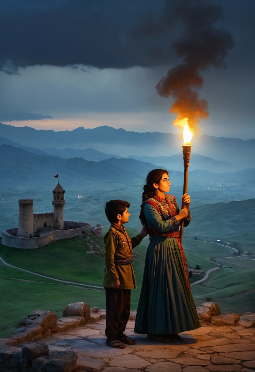 A Kurd woman wearing Kurdish clothes is standing on a castle. She is holding a lit-up torch high. Beside her is her , a little boy of age 5 that is standing. The are looking at the landscape far away. It is a foggy night and mountains far away filled with mist. Nothing other than mountains and plains are in the background. The picture style is a digital painting art that shows a dramatic scene fit for a book cover. Closeup view, oil painting