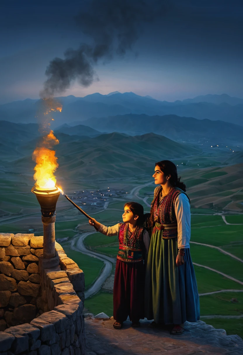 A Kurd woman wearing Kurdish clothes is standing on a castle. She is holding a lit-up torch high. Beside her is her , a of age 5 that is standing. The are looking at the landscape far away. It is a foggy night and mountains far away filled with mist. Nothing other than mountains and plains are in the background. The picture style is a digital painting art that shows a dramatic scene fit for a book cover. Closeup view, oil painting