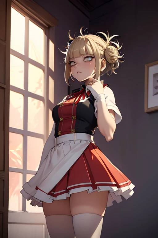 Himiko Toga, ,,(Alone),Himiko toga,(boku no hero academia),(short blonde hair with two messy pulps in her hair and yellow eyes with cat pupils),(Wearing),+,Wearing),+,(\A female character dressed in a short red dress with a super short and sensual skirt, fitted to the body, with white details on the cuffs and collar. She wears white gloves and a traditional red and white Christmas hat, completing the look with red boots.")/,+,(\Facing the front of the fourth wall looking at the fourth wall:1.5)/