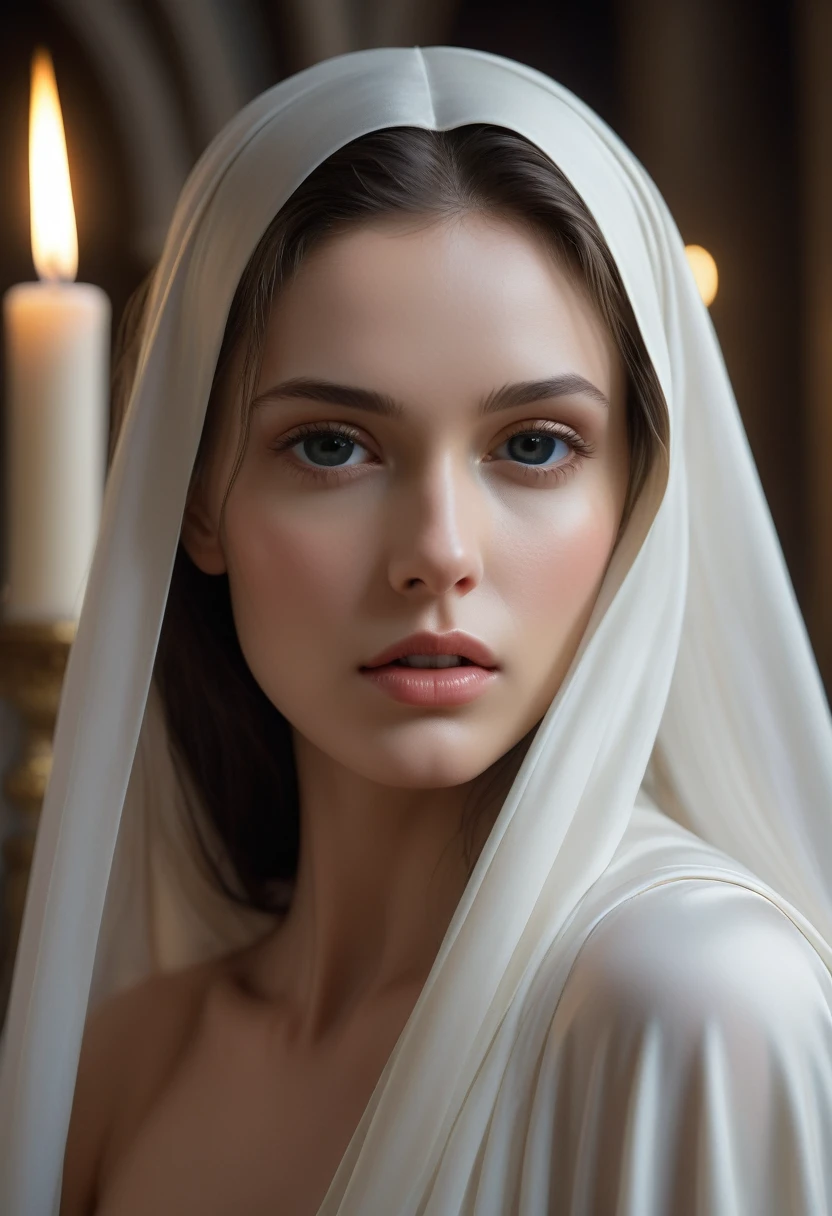 (best quality,4k,8k,highres,masterpiece:1.2), ultra-detailed, (realistic,photorealistic,photo-realistic:1.37), In the flickering candlelight of a dimly lit cathedral, there stands a figure that strikes a curious balance between beauty and malevolence. Her form is draped in flowing robes of pure white silk, drawing the eye with its ethereal grace.
Her face, framed by a simple white wimple, is a study in contrasts. High cheekbones and delicate features give her an air of angelic serenity, sexy, sexy, sexy, sexy, sexy, sexy, sexy, sexy, nude, nude, nude, nude, nude, nude, nude, nude, nude, nude, nude, nude, nude, nude, nude, nude