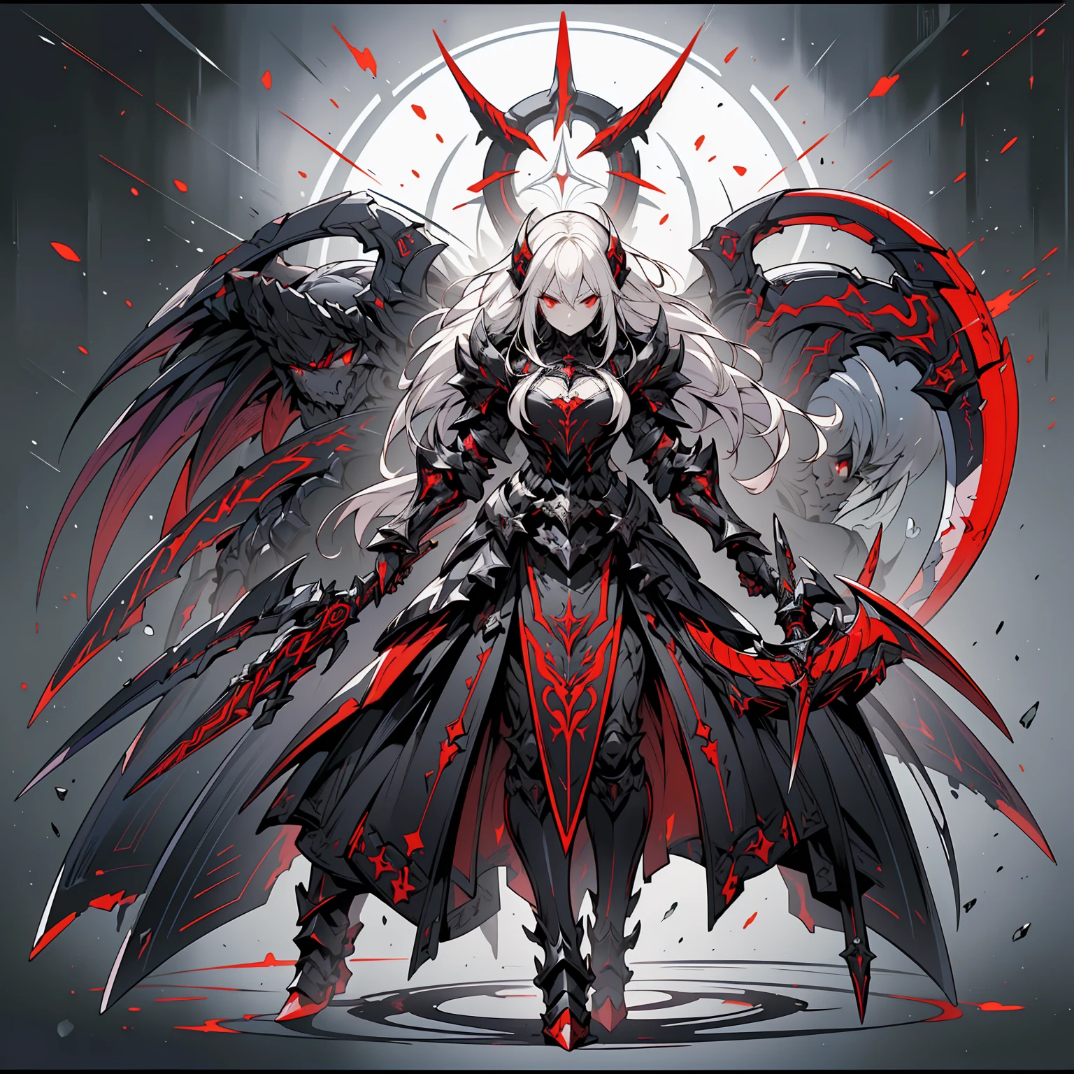 ((Best Quality)), ((Masterpiece)), ((Realistic)) female character with long white hair and piercing red eyes. She wears a demonic armor in purple, black, and white, and wields a large, stylized scythe. The character has a menacing expression, with a chaotic environment as the background. (((detailed character sheet, full body front view, side view, three-quarter view, close-up views of armor details, weapon, and facial features))). ((slender)), (busty), (extremely detailed:1.5), (long white hair:1.2), (piercing red eyes:1.2), (chaotic environment:1.1), (demonic armor:1.3), (stylized scythe:1.3).