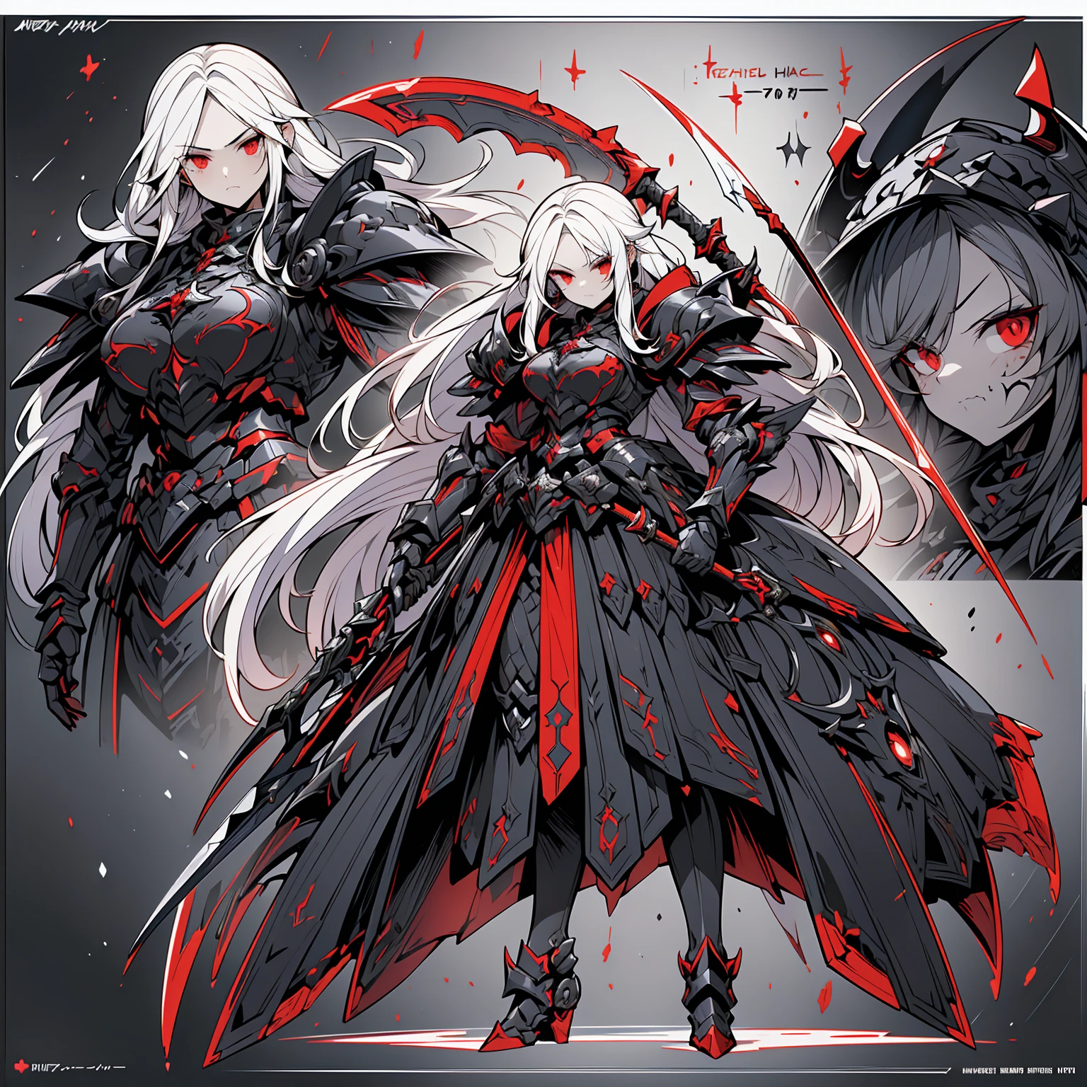 (((masterpiece, best quality, ultra detailed, 8k))) character design sheet of a female character wearing a demonic armor in purple, black, and white. She wields a large, stylized scythe matching the armor. The character has long white hair, piercing red eyes, and a menacing expression. The scene is set in a chaotic environment. Full body front view, with additional close-up views of armor details, weapon, and facial features. (demonic armor:1.3), (stylized scythe:1.3), (extremely detailed:1.5), (long white hair:1.2), (piercing red eyes:1.2), (chaotic environment:1.1). {Detailed background elements and character features are emphasized}.