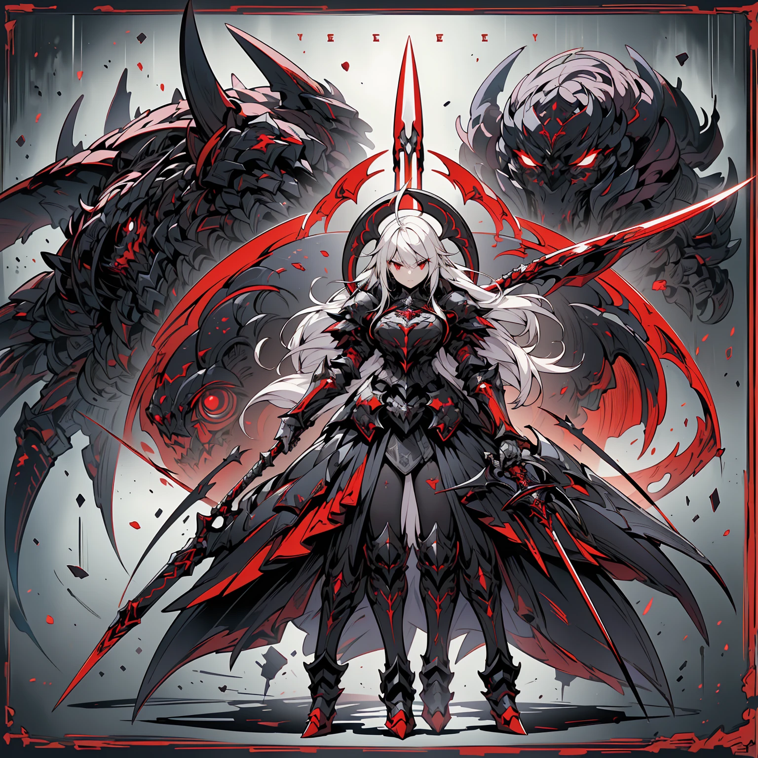 ((Best Quality)), ((Masterpiece)), ((Realistic)) female character with long white hair and piercing red eyes. She wears a demonic armor in purple, black, and white, and wields a large, stylized scythe. The character has a menacing expression, with a chaotic environment as the background. (((detailed character sheet, full body front view, side view, three-quarter view, close-up views of armor details, weapon, and facial features))). ((slender)), (busty), (extremely detailed:1.5), (long white hair:1.2), (piercing red eyes:1.2), (chaotic environment:1.1), (demonic armor:1.3), (stylized scythe:1.3).