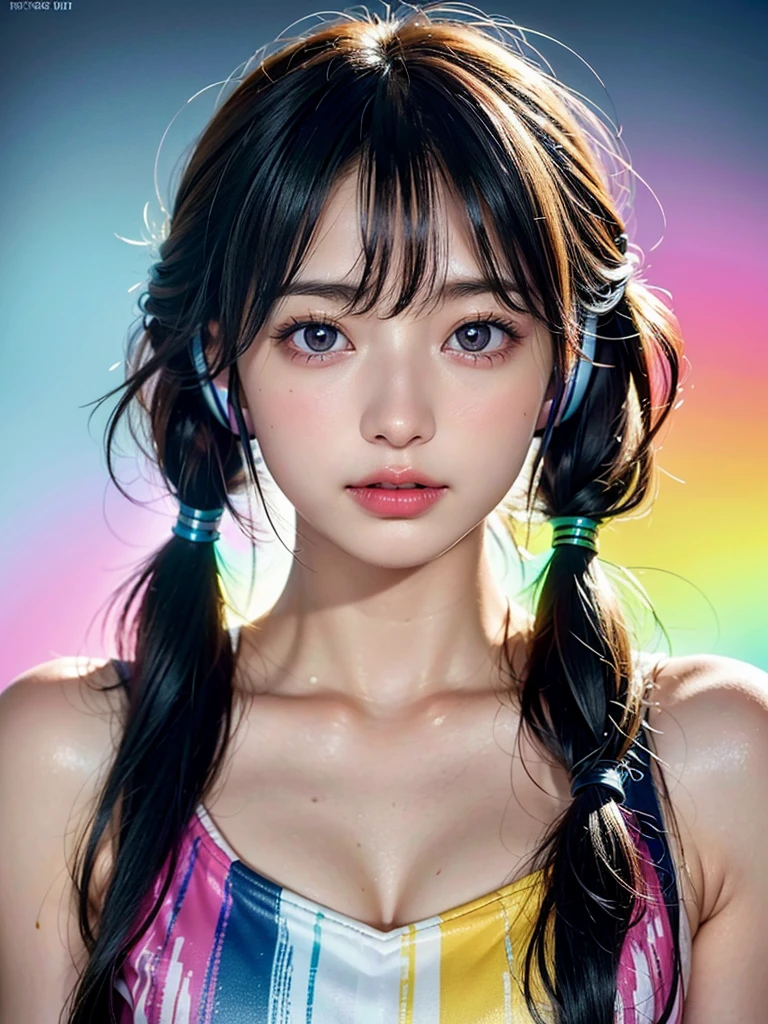 Best quality, face focus, soft light, super high resolution, (Realism: 1.4), raw photo, one Japanese girl, one person, cute, (pupils, light in eyes), beautiful face details, (small box), (high resolution details of human skin texture), (long hair), (portrait),((Colorful Bikinis:1.3)), Swimwear,Upper Body,