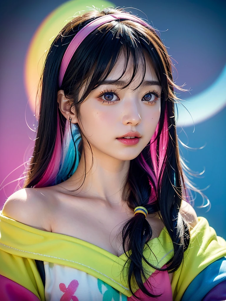 40-year-old Japanese woman、Black Hair、Hair is very short、Twin tails、Hatsune Miku Costume、Headphones、Flat Chest、Realistic photos、Realistic、8K quality、expensive、No bangs、High resolution, Highest quality, Anatomically correct, Winner of numerous awards, looking at the audience, large watery eyes, (rainbow colored hair：1.6), color splash, （solo：1.8）, color splash, color explosion, thick paint style, messy lines, ((shining))，(colorful), (colorful), (colorful), colorful, Thick Paint Style, (Splash) (Color Splash), Vertical Painting, Upper Body, Paint Splash, Acrylic Pigment, Gradient, Paint, Highest Image Quality, Highest Quality, Masterpiece, solo, Depth of Field (elegant: 1.3), (花びら: 1.4)，(((masterpiece))),(((best quality))),((ultra-detailed)),(illustration),(dynamic angle),((floating)),(paint),((disheveled hair)),(solo),(1girl) , (((detailed anima face))),((beautiful detailed face)),collar,bare shoulders,white hair, ((colorful hair)),((streaked hair)),beautiful detailed eyes,(Gradient color eyes),(((colorful eyes))),(((colorful background))),(((high saturation))),(((surrounded by colorful)