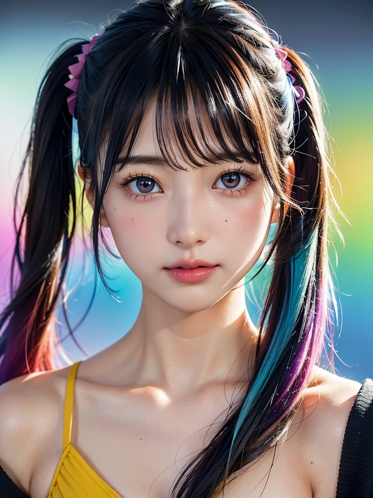 40-year-old Japanese woman、Black Hair、Hair is very short、Twin tails、Hatsune Miku Costume、Headphones、Flat Chest、Realistic photos、Realistic、8K quality、expensive、No bangs、High resolution, Highest quality, Anatomically correct, Winner of numerous awards, looking at the audience, large watery eyes, (rainbow colored hair：1.6), color splash, （solo：1.8）, color splash, color explosion, thick paint style, messy lines, ((shining))，(colorful), (colorful), (colorful), colorful, Thick Paint Style, (Splash) (Color Splash), Vertical Painting, Upper Body, Paint Splash, Acrylic Pigment, Gradient, Paint, Highest Image Quality, Highest Quality, Masterpiece, solo, Depth of Field (elegant: 1.3), (花びら: 1.4)，(((masterpiece))),(((best quality))),((ultra-detailed)),(illustration),(dynamic angle),((floating)),(paint),((disheveled hair)),(solo),(1girl) , (((detailed anima face))),((beautiful detailed face)),collar,bare shoulders,white hair, ((colorful hair)),((streaked hair)),beautiful detailed eyes,(Gradient color eyes),(((colorful eyes))),(((colorful background))),(((high saturation))),(((surrounded by colorful)