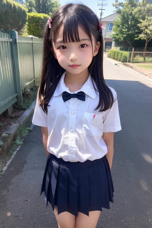 UHD, masterpiece、Japanese,,Innocent face,Teenage Girl,cute,Round face contour、Erotic Girl、Primary schomentary school,uniform,Summer clsture、In front of the school gate、((whole body、Ultra Wide Shot))