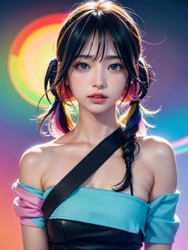 40-year-old Japanese woman、Black Hair、Hair is very short、Twin tails、Hatsune Miku Costume、Headphones、Flat Chest、Realistic photos、Realistic、8K quality、expensive、No bangs、High resolution, Highest quality, Anatomically correct, Winner of numerous awards, looking at the audience, large watery eyes, (rainbow colored hair：1.6), color splash, （solo：1.8）, color splash, color explosion, thick paint style, messy lines, ((shining))，(colorful), (colorful), (colorful), colorful, Thick Paint Style, (Splash) (Color Splash), Vertical Painting, Upper Body, Paint Splash, Acrylic Pigment, Gradient, Paint, Highest Image Quality, Highest Quality, Masterpiece, solo, Depth of Field (elegant: 1.3), (花びら: 1.4)，(((masterpiece))),(((best quality))),((ultra-detailed)),(illustration),(dynamic angle),((floating)),(paint),((disheveled hair)),(solo),(1girl) , (((detailed anima face))),((beautiful detailed face)),collar,bare shoulders,white hair, ((colorful hair)),((streaked hair)),beautiful detailed eyes,(Gradient color eyes),(((colorful eyes))),(((colorful background))),(((high saturation))),(((surrounded by colorful)