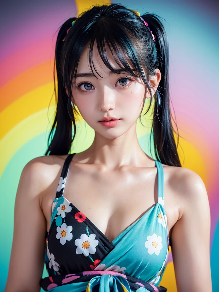 40-year-old Japanese woman、Black Hair、Hair is very short、Twin tails、Hatsune Miku Costume、Headphones、Flat Chest、Realistic photos、Realistic、8K quality、expensive、No bangs、High resolution, Highest quality, Anatomically correct, Winner of numerous awards, looking at the audience, large watery eyes, (rainbow colored hair：1.6), color splash, （solo：1.8）, color splash, color explosion, thick paint style, messy lines, ((shining))，(colorful), (colorful), (colorful), colorful, Thick Paint Style, (Splash) (Color Splash), Vertical Painting, Upper Body, Paint Splash, Acrylic Pigment, Gradient, Paint, Highest Image Quality, Highest Quality, Masterpiece, solo, Depth of Field (elegant: 1.3), (花びら: 1.4)，(((masterpiece))),(((best quality))),((ultra-detailed)),(illustration),(dynamic angle),((floating)),(paint),((disheveled hair)),(solo),(1girl) , (((detailed anima face))),((beautiful detailed face)),collar,bare shoulders,white hair, ((colorful hair)),((streaked hair)),beautiful detailed eyes,(Gradient color eyes),(((colorful eyes))),(((colorful background))),(((high saturation))),(((surrounded by colorful)