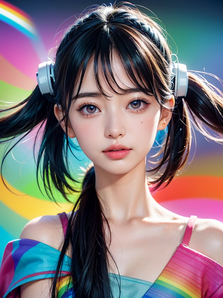 40-year-old Japanese woman、Black Hair、Hair is very short、Twin tails、Hatsune Miku Costume、Headphones、Flat Chest、Realistic photos、Realistic、8K quality、expensive、No bangs、High resolution, Highest quality, Anatomically correct, Winner of numerous awards, looking at the audience, large watery eyes, (rainbow colored hair：1.6), color splash, （solo：1.8）, color splash, color explosion, thick paint style, messy lines, ((shining))，(colorful), (colorful), (colorful), colorful, Thick Paint Style, (Splash) (Color Splash), Vertical Painting, Upper Body, Paint Splash, Acrylic Pigment, Gradient, Paint, Highest Image Quality, Highest Quality, Masterpiece, solo, Depth of Field (elegant: 1.3), (花びら: 1.4)，(((masterpiece))),(((best quality))),((ultra-detailed)),(illustration),(dynamic angle),((floating)),(paint),((disheveled hair)),(solo),(1girl) , (((detailed anima face))),((beautiful detailed face)),collar,bare shoulders,white hair, ((colorful hair)),((streaked hair)),beautiful detailed eyes,(Gradient color eyes),(((colorful eyes))),(((colorful background))),(((high saturation))),(((surrounded by colorful)