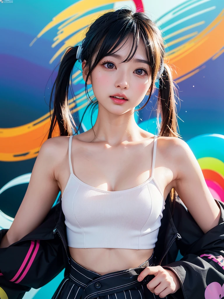 40-year-old Japanese woman、Black Hair、Hair is very short、Twin tails、Hatsune Miku Costume、Headphones、Flat Chest、Realistic photos、Realistic、8K quality、expensive、No bangs、High resolution, Highest quality, Anatomically correct, Winner of numerous awards, looking at the audience, large watery eyes, (rainbow colored hair：1.6), color splash, （solo：1.8）, color splash, color explosion, thick paint style, messy lines, ((shining))，(colorful), (colorful), (colorful), colorful, Thick Paint Style, (Splash) (Color Splash), Vertical Painting, Upper Body, Paint Splash, Acrylic Pigment, Gradient, Paint, Highest Image Quality, Highest Quality, Masterpiece, solo, Depth of Field (elegant: 1.3), (花びら: 1.4)，(((masterpiece))),(((best quality))),((ultra-detailed)),(illustration),(dynamic angle),((floating)),(paint),((disheveled hair)),(solo),(1girl) , (((detailed anima face))),((beautiful detailed face)),collar,bare shoulders,white hair, ((colorful hair)),((streaked hair)),beautiful detailed eyes,(Gradient color eyes),(((colorful eyes))),(((colorful background))),(((high saturation))),(((surrounded by colorful)