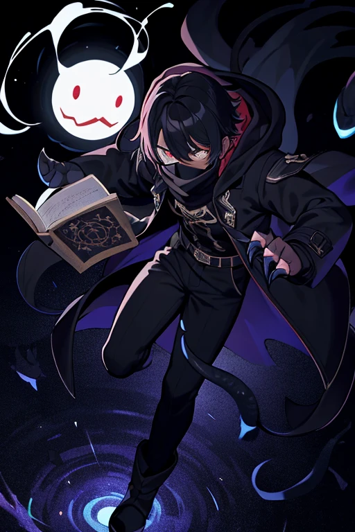 ((best quality)), ((masterpiece)), (detailed), 1 boy, full body, 23 years old, young adult, black scarf, bandage covering his mouth, white glowing eyes, 1 scratch on his right eye, pointed hood, black skin, disheveled hair, black coat, baggy sleeves, tall, thin, ripped sleeves, white zig zag marks on his coat, black portals, black fingers, black wristbands with white circles, black tentacles coming out of his coat, warlock, brooch with eye symbol on his coat, claws, black baggy pants, black boots, floating, floating books, darkness, night city background, anime