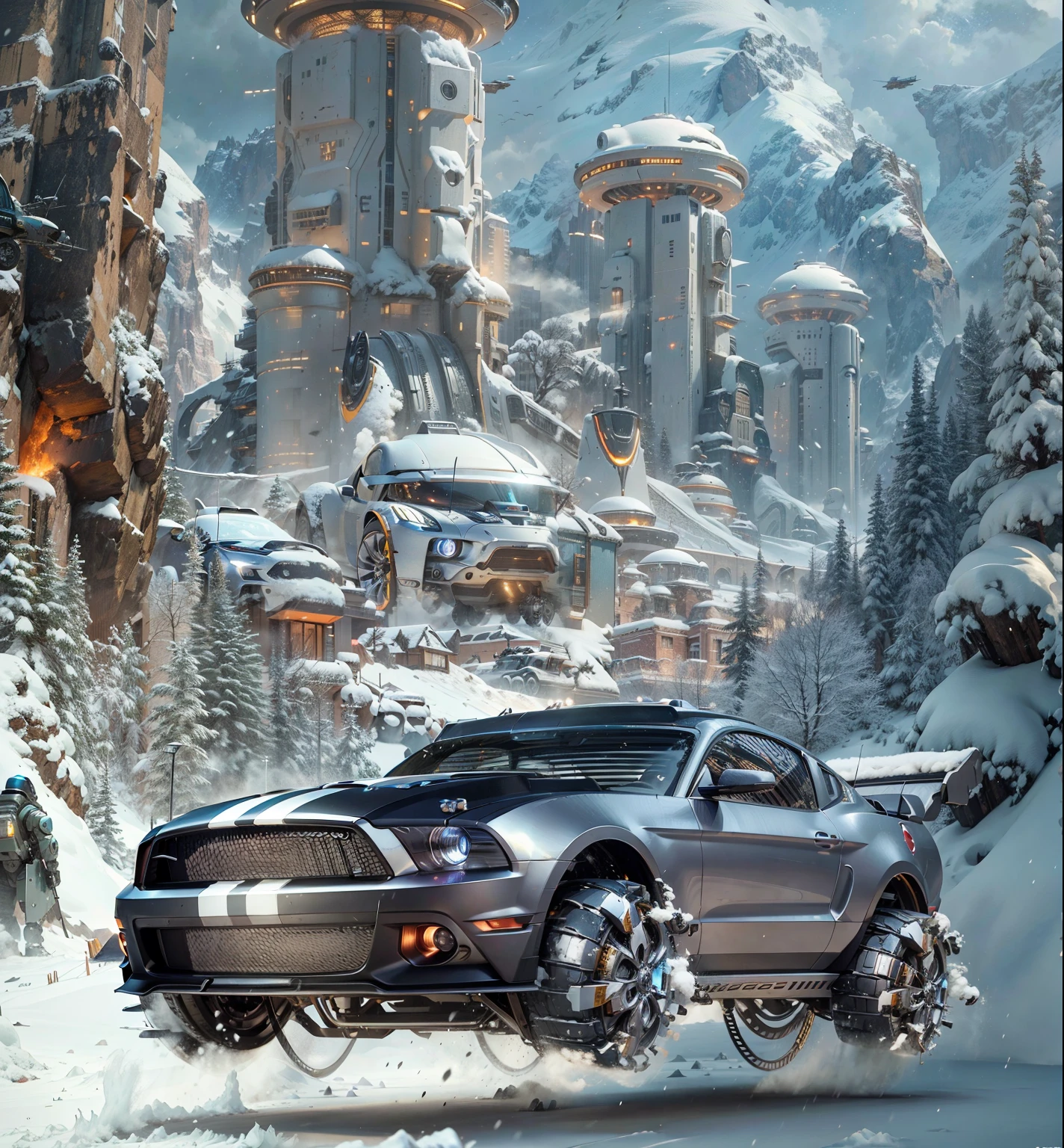 there is a hover Mustang car that is floating in the snow near a building, sci-fi car, car concept art, vehicle concept photo!!, highly realistic concept art, 3 d render and matte painting, extravagant matte painting, futuristic cars and mecha robots, anime art vehicle concept art, 8 k high detail concept art, futuristic chrome vehicle, realistic fantasy render