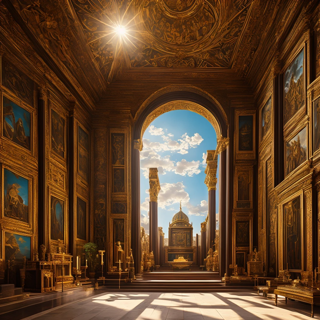 Gnostic temple with the phrase moashoinc on the frontispiece, with paintings of classical and esoteric art, with the sun in the center