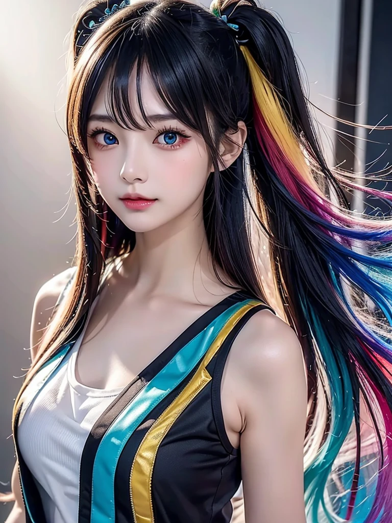 40-year-old Japanese woman、Black Hair、Hair is very short、Twin tails、Hatsune Miku Costume、Headphones、Flat Chest、Realistic photos、Realistic、8K quality、expensive、No bangs、High resolution, Highest quality, Anatomically correct, Winner of numerous awards, looking at the audience, large watery eyes, (rainbow colored hair：1.6), color splash, （solo：1.8）, color splash, color explosion, thick paint style, messy lines, ((shining))，(colorful), (colorful), (colorful), colorful, Thick Paint Style, (Splash) (Color Splash), Vertical Painting, Upper Body, Paint Splash, Acrylic Pigment, Gradient, Paint, Highest Image Quality, Highest Quality, Masterpiece, solo, Depth of Field (elegant: 1.3), (((masterpiece))),(((best quality))),((ultra-detailed)),(illustration),(dynamic angle),((floating)),(paint),((disheveled hair)),(solo),(1girl) , (((detailed anima face))),((beautiful detailed face)),collar,bare shoulders,white hair, ((colorful hair)),((streaked hair)),beautiful detailed eyes,(Gradient color eyes),(((colorful eyes))),(((colorful background))),(((high saturation))),(((surrounded by colorful)、ストリートスナップ