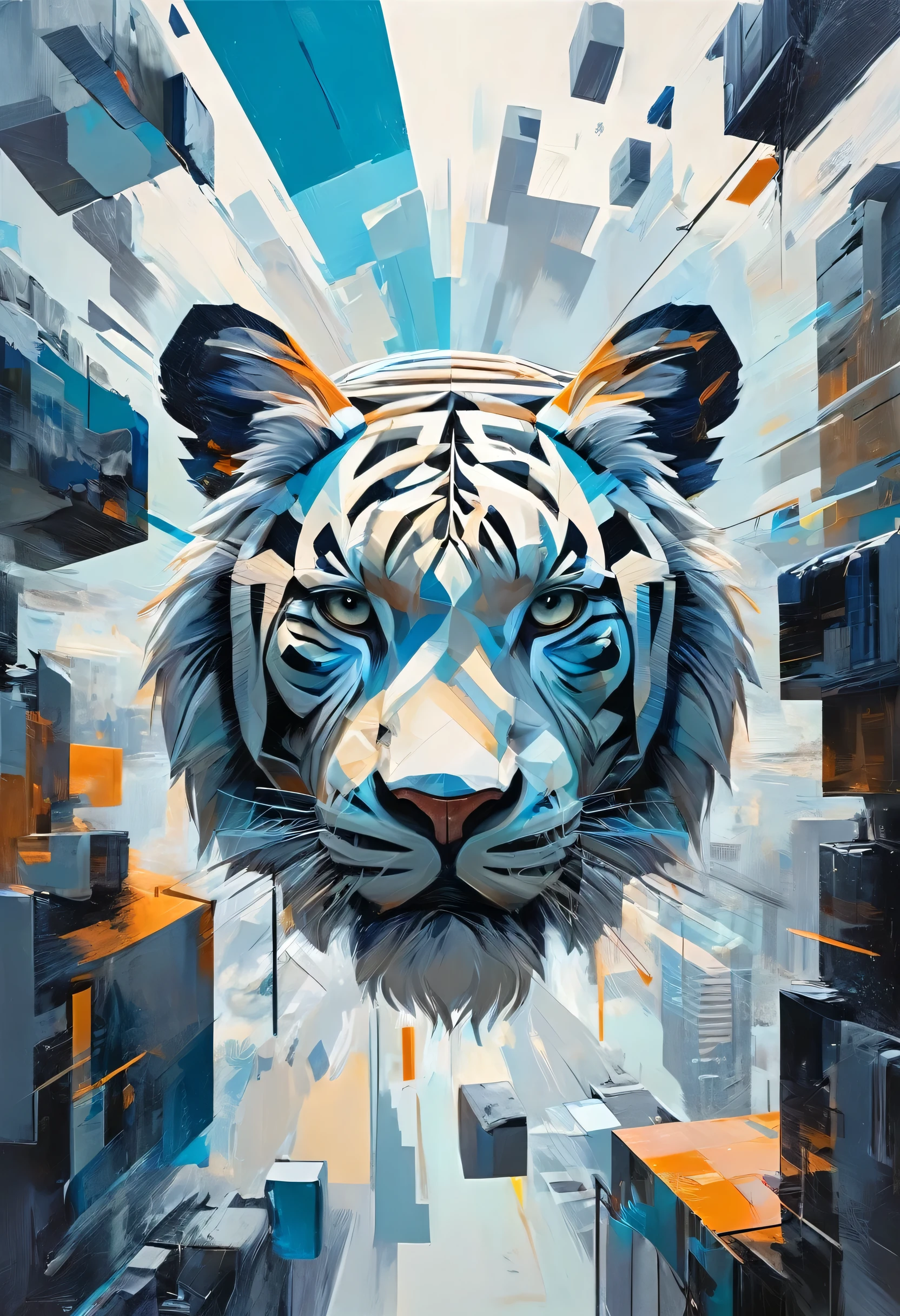 "Visualize a cubist interpretation of a tiger head, floating through the sky above a lively and dynamic street. Decompose the shape of the deer head into geometric shapes and fragmented planes, To capture its movement and energy in a unique and abstract way. Integrate strong grey, blue and white colors and sharp angles, to convey a feeling of movement and tension. Play with perspective and layering, to create a multidimensional composition, which questions traditional notions of space and form. Be inspired by the avant-garde spirit of Cubism and see nature in a fresh and innovative light.. Unleash your creativity, as you bring this imaginative scene to life on the screen 