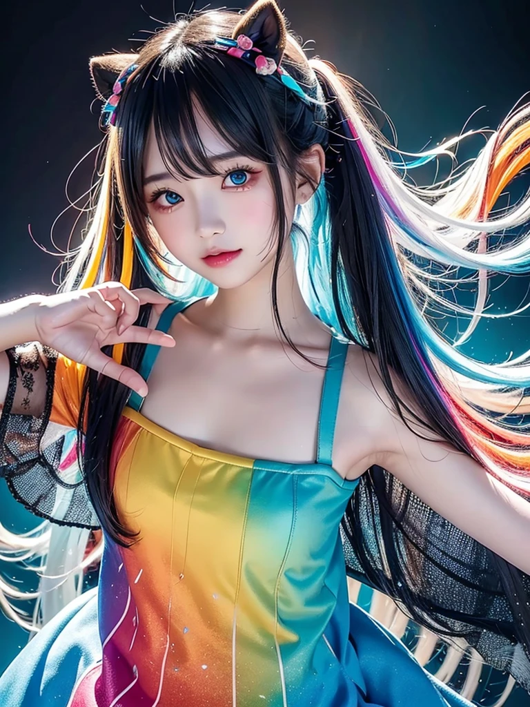 40-year-old Japanese woman、Black Hair、Hair is very short、Twin tails、Hatsune Miku Costume、Headphones、Flat Chest、Realistic photos、Realistic、8K quality、expensive、No bangs、High resolution, Highest quality, Anatomically correct, Winner of numerous awards, looking at the audience, large watery eyes, (rainbow colored hair：1.6), color splash, （solo：1.8）, color splash, color explosion, thick paint style, messy lines, ((shining))，(colorful), (colorful), (colorful), colorful, Thick Paint Style, (Splash) (Color Splash), Vertical Painting, Upper Body, Paint Splash, Acrylic Pigment, Gradient, Paint, Highest Image Quality, Highest Quality, Masterpiece, solo, Depth of Field (elegant: 1.3), (((masterpiece))),(((best quality))),((ultra-detailed)),(illustration),(dynamic angle),((floating)),(paint),((disheveled hair)),(solo),(1girl) , (((detailed anima face))),((beautiful detailed face)),collar,bare shoulders,white hair, ((colorful hair)),((streaked hair)),beautiful detailed eyes,(Gradient color eyes),(((colorful eyes))),(((colorful background))),(((high saturation))),(((surrounded by colorful)、ストリートスナップ