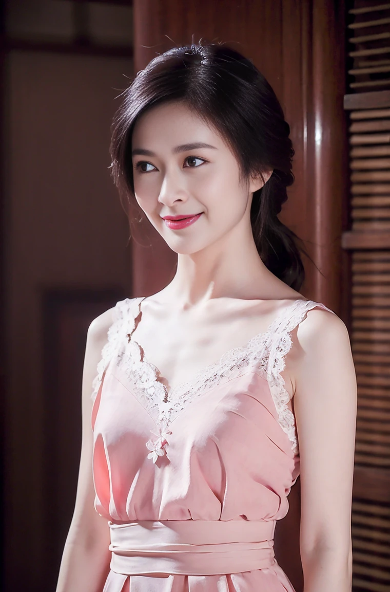 lovely and beautiful woman, full body photo, delicate and sexy collarbone, attractive oval face, double eyelids, smart peach blossom eyes, pink lips, small nose, bare shoulders, focused face, face up, smiling, pretty face. beautiful long black hair, ultra high definition, super detail, elegant standing posture, ancient Chinese clothes lace top, ancient Chinese scenery, holding ancient long sword, (full bodyesbian:1.4),