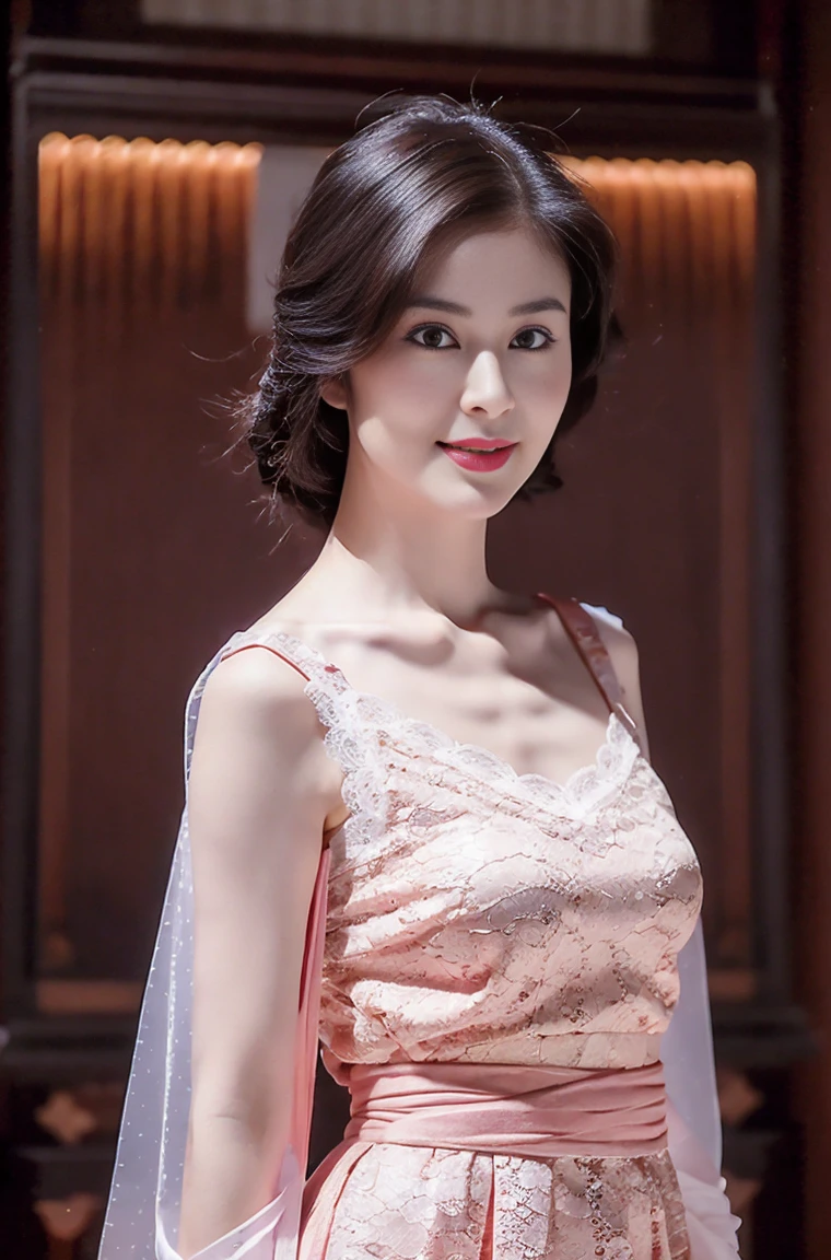 lovely and beautiful woman, full body photo, delicate and sexy collarbone, attractive oval face, double eyelids, smart peach blossom eyes, pink lips, small nose, bare shoulders, focused face, face up, smiling, pretty face. beautiful long black hair, ultra high definition, super detail, elegant standing posture, ancient Chinese clothes lace top, ancient Chinese scenery, holding ancient long sword, (full bodyesbian:1.4),