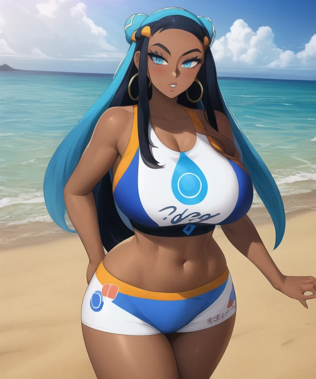 (best quality), (masterpiece), 1 girl, early 20's, huge heavy breasts, busty, massive breasts, thick, thick lips, wide hips, thin waist, nessa \(pokemon\), on beach, hair bun, hoop earrings