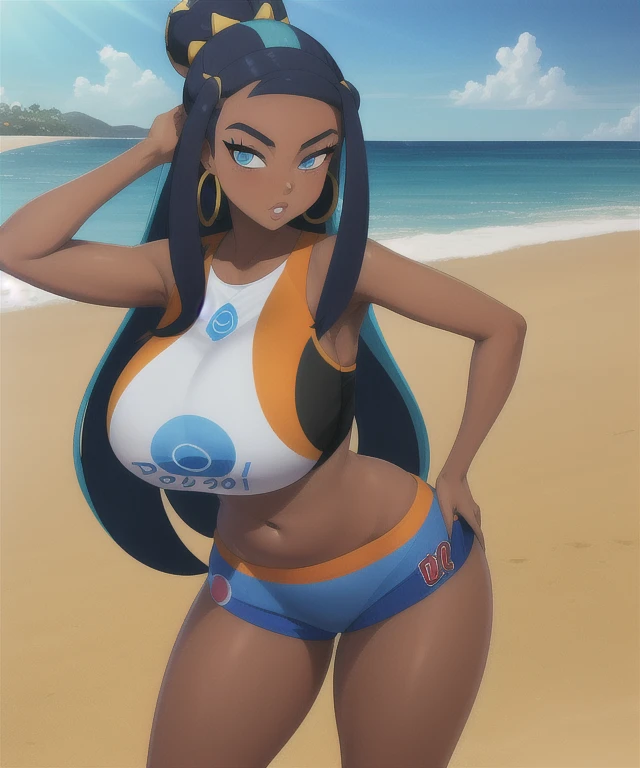 (best quality), (masterpiece), 1 girl, early 20's, huge heavy breasts, busty, massive breasts, thick, thick lips, wide hips, thin waist, nessa \(pokemon\), on beach, hair bun, hoop earrings