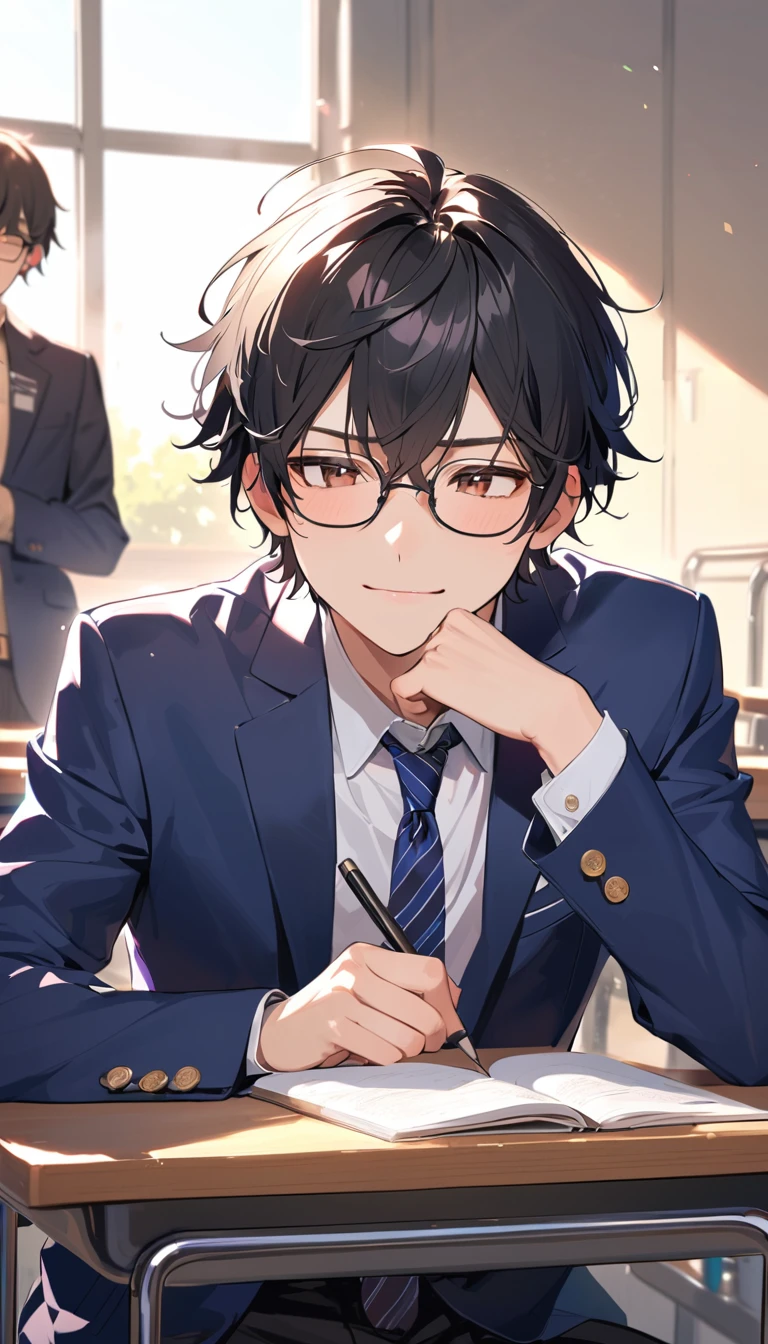 18 years old, a handsome boy, Black Hair, Short Hair,Glasses,Troubled smile, blazer, high school student,Introvert,In the classroom
