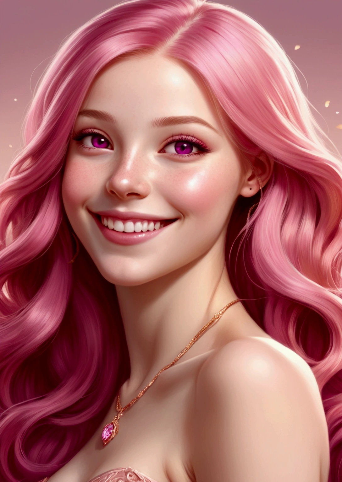 Adorable and innocent face, fair skin, (long pink hair), magenta eyes, slender European young woman, pink gold rose gold color theme, anatomically correct, realistic proportions, smiling