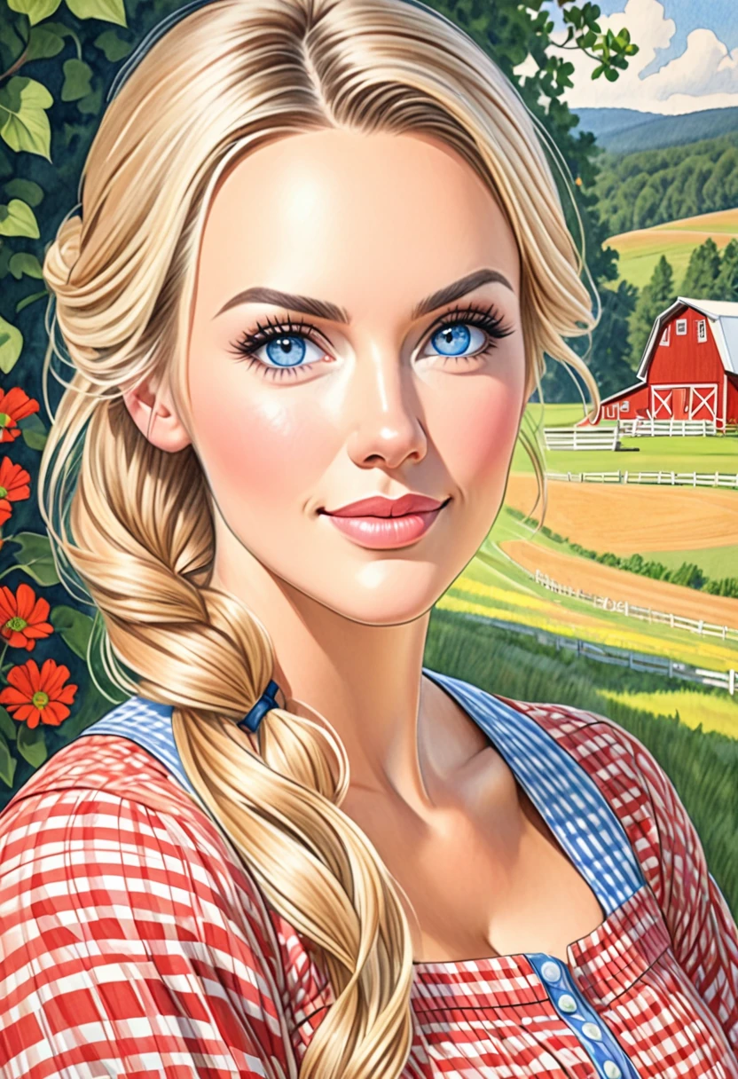 A colored pencil sketch of a beautiful swedish farm wife. Paige Renee Spiranac.