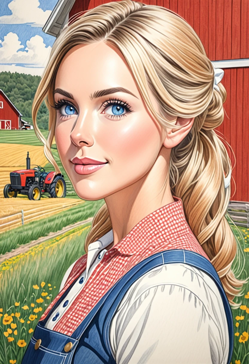 A colored pencil sketch of a beautiful swedish farm wife. Paige Renee Spiranac.