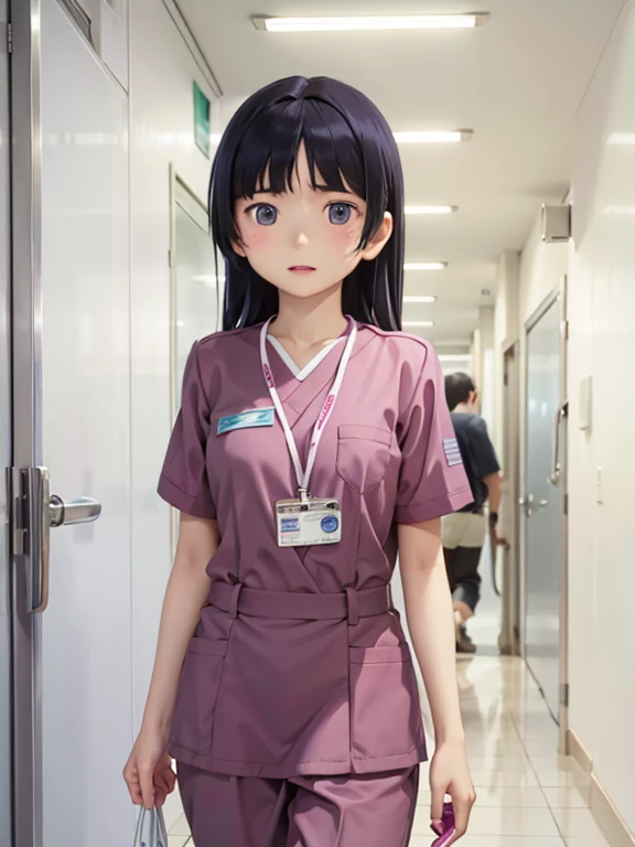 girl, alone, (ruri gokou), Hime cut, Medical scrub、Dark blue scrub、Female nurse、Hold in hand、Short sleeve、Long trousers, (ID card)、strap、Hospital corridor、Warm lighting、sense of cleanliness