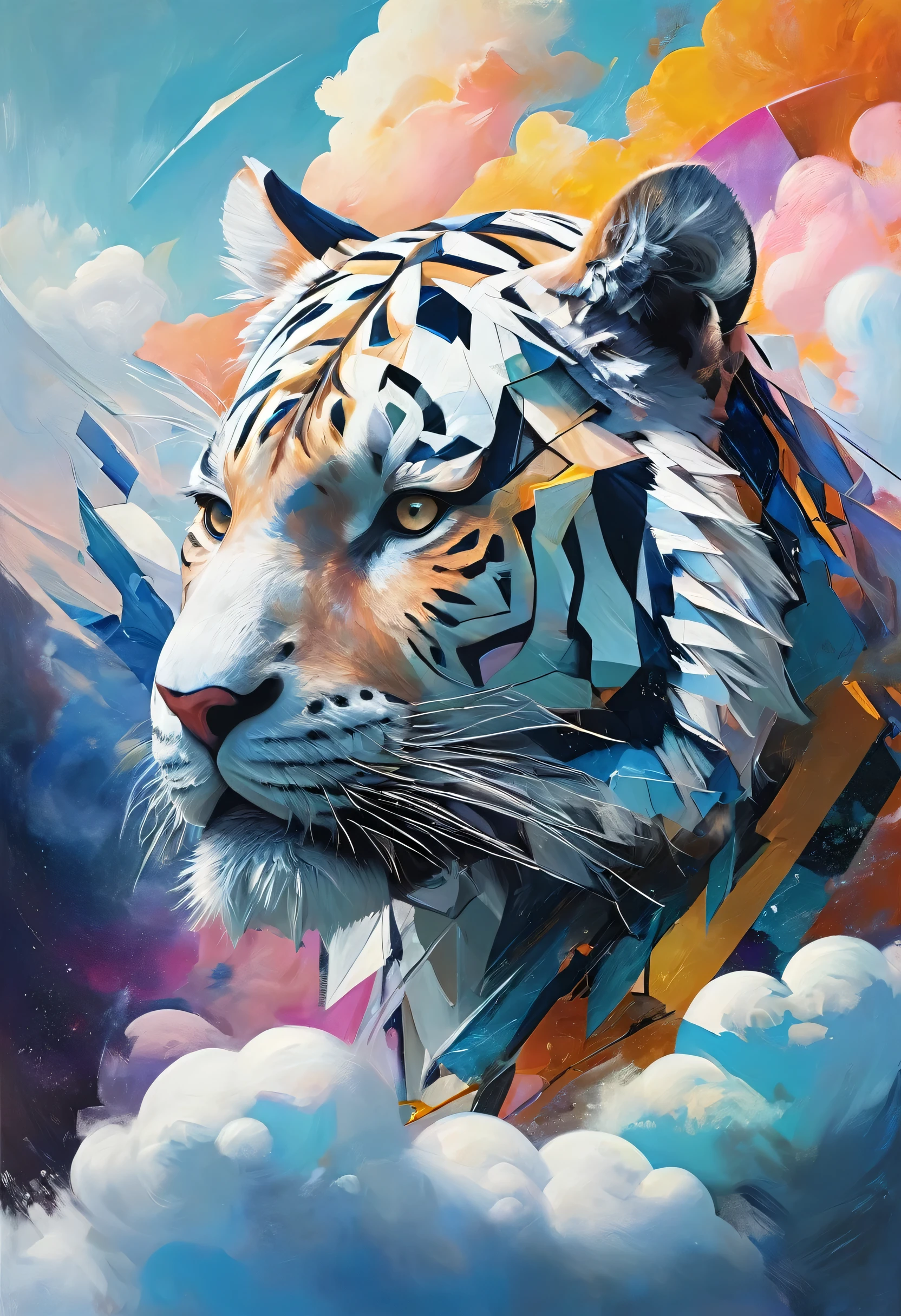 "Visualize a cubist interpretation of a tiger head, floating through the sky above a lively and dynamic street. Decompose the shape of the deer head into geometric shapes and fragmented planes, To capture its movement and energy in a unique and abstract way. Integrate strong grey, blue and white colors and sharp angles, to convey a feeling of movement and tension. Play with perspective and layering, to create a multidimensional composition, which questions traditional notions of space and form. Be inspired by the avant-garde spirit of Cubism and see nature in a fresh and innovative light.. Unleash your creativity, as you bring this imaginative scene to life on the screen
