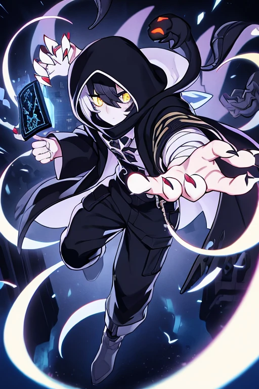 ((best quality)), ((masterpiece)), (detailed), 1 boy, full body, 23 years old, young adult, black scarf, bandage covering his mouth, white glowing eyes, 1 scratch on his right eye, pointed hood, black skin, disheveled hair, black coat, baggy sleeves, tall, thin, ripped sleeves, white zig zag marks on his coat, black portals, black fingers, black wristbands with white circles, black tentacles coming out of his coat, warlock, brooch with eye symbol on his coat, claws, black baggy pants, black boots, floating, floating books, darkness, night city background, anime