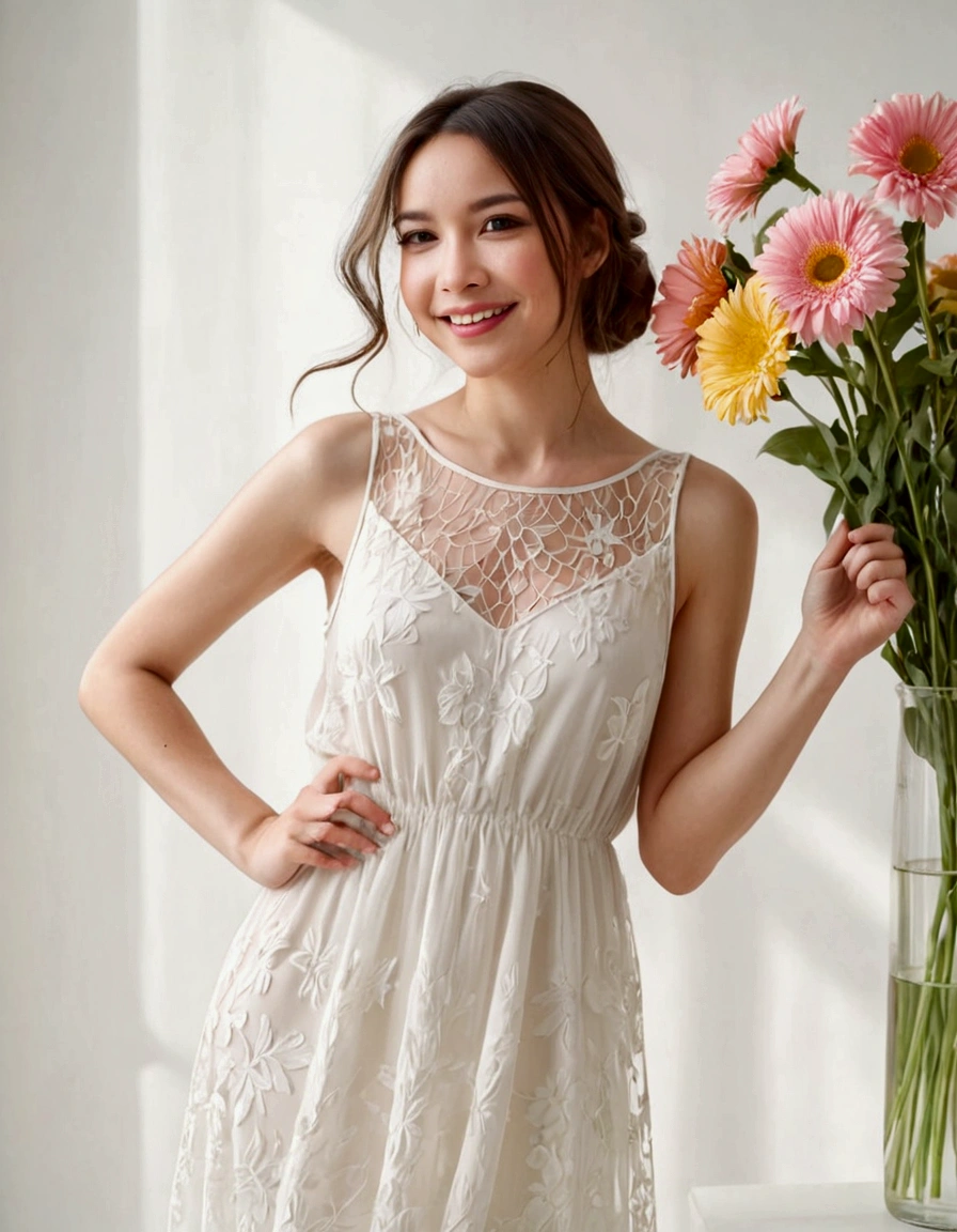 A lovely woman (simple sheer dress, joyous expression, pure love), posing near a flower vase, plain white room backdrop, well lit
