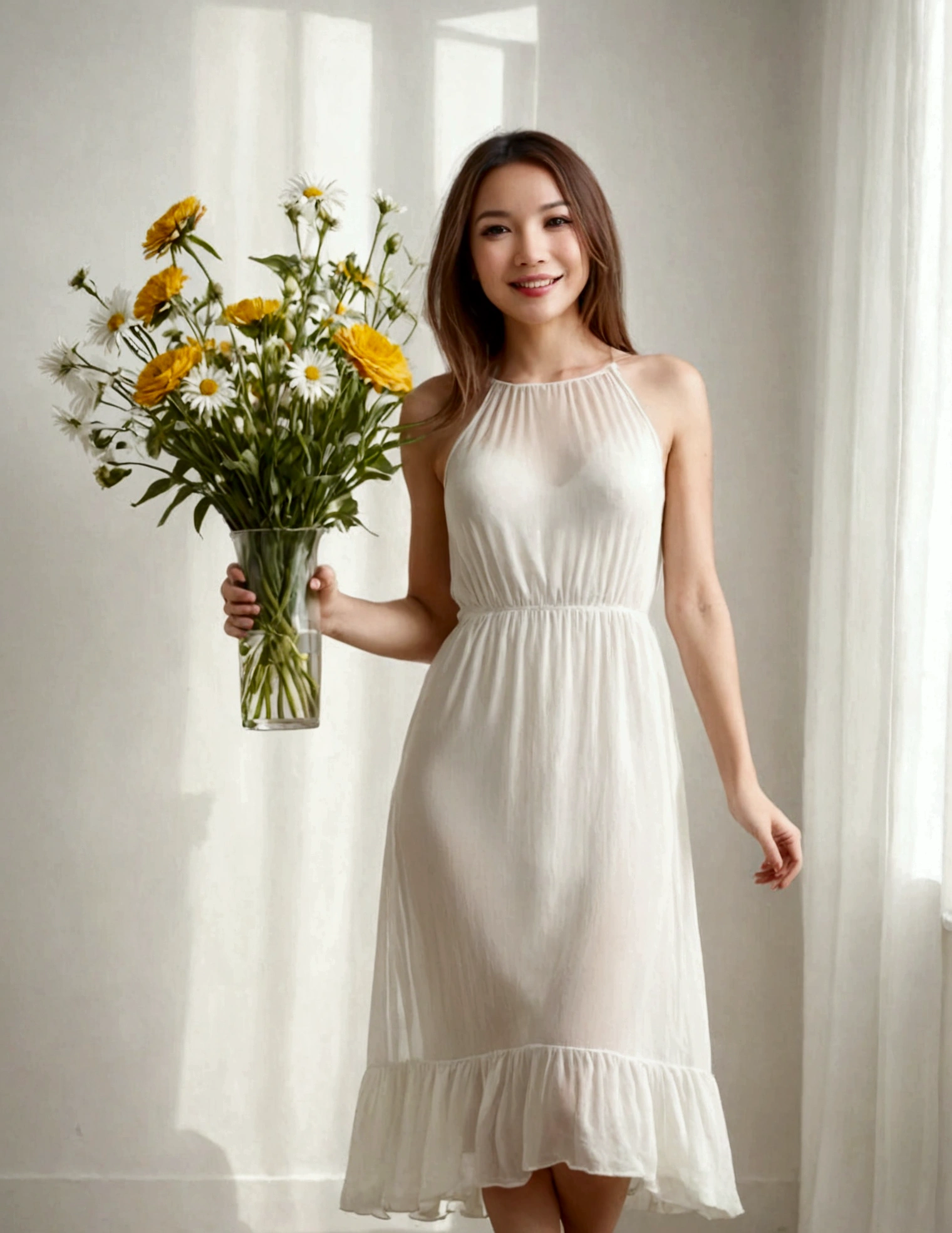 A lovely woman (simple sheer dress, joyous expression, pure love), posing near a flower vase, plain white room backdrop, well lit