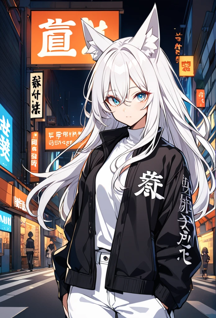 1woman, white long hair, fox ears, bright eyes, wearing a black casual jacket, wearing a white undershirt, japanese kanjis on jacket, wearing white jean pants