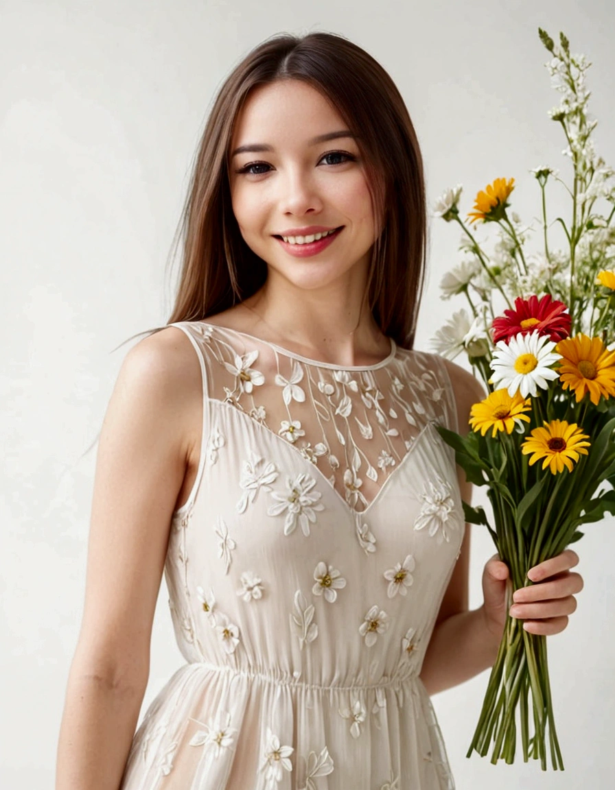 A lovely woman (simple sheer dress, joyous expression, pure love), posing near a flower vase, plain white room backdrop, well lit
